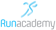 Runacademys logotyp - en springande streckgubbe målad i blått